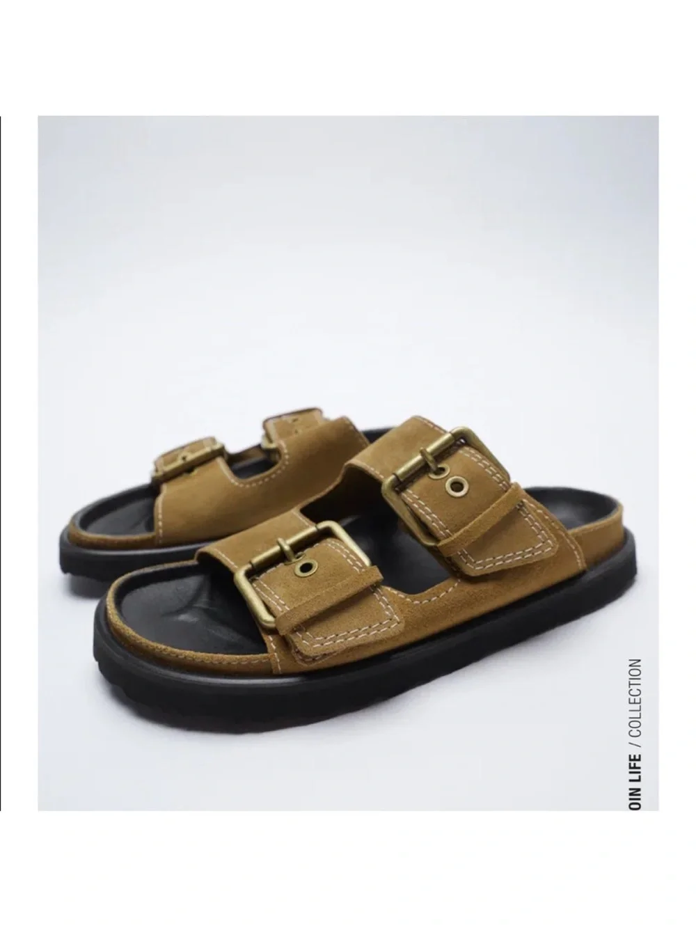 Suede Double-Buckle Slide Sandals - Picture 1 of 8